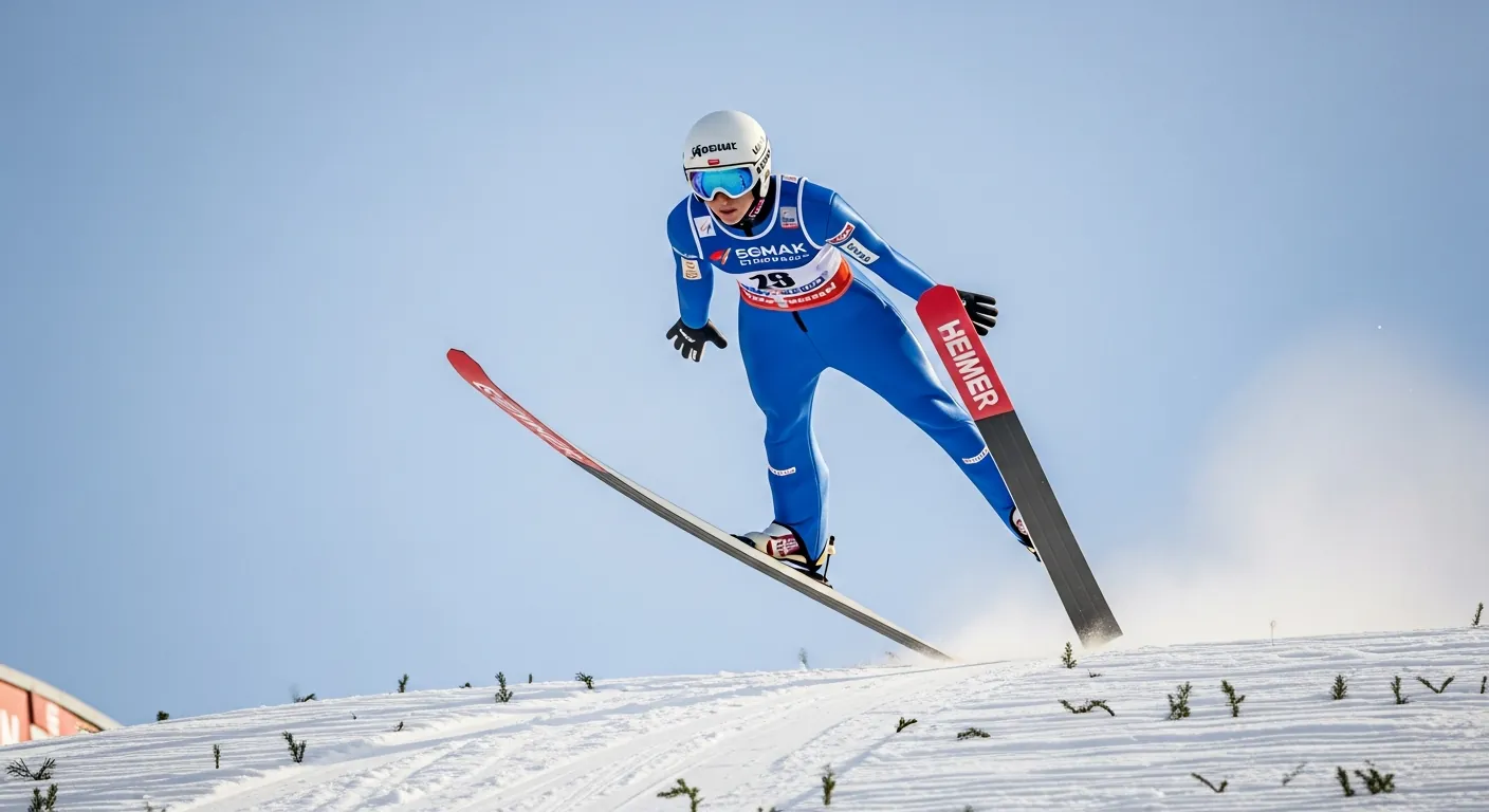 Maren Lundby i hoppdress under et skihopp i verdenscupen