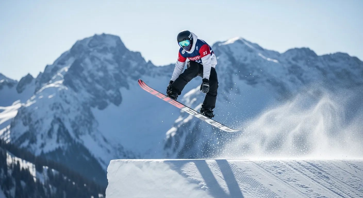 Ståle Sandbech i luften under slopestyle, med norske farger på utstyret